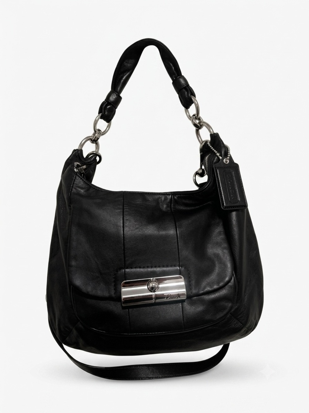COACH Kristin Black Leather Hobo Shoulder Bag Silver Clasp Turnlock